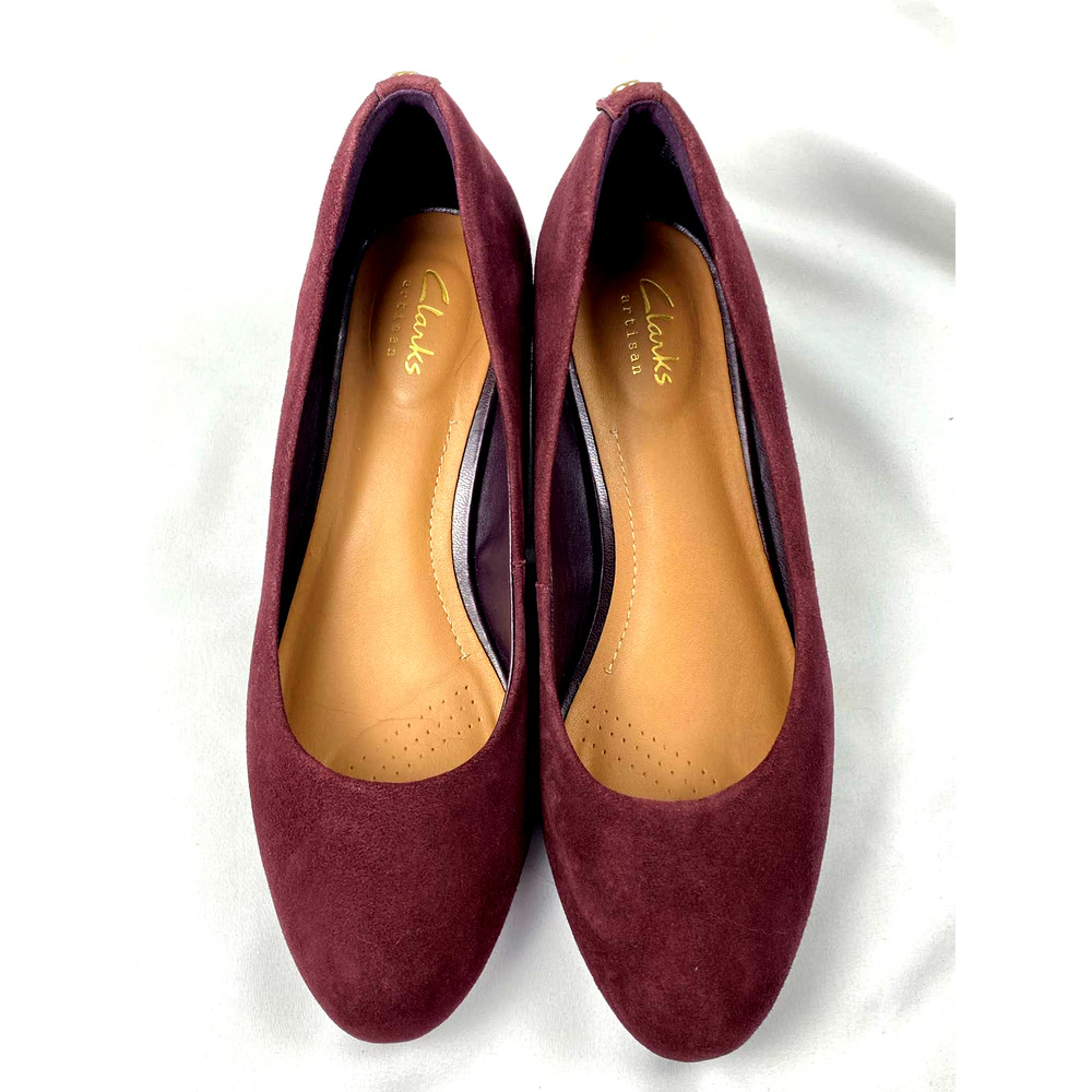 Clarks Vendra Bloom Wedge Heels Sz 7.5 Burgundy Plum Suede Sip-Ons - Picture 6 of 10
